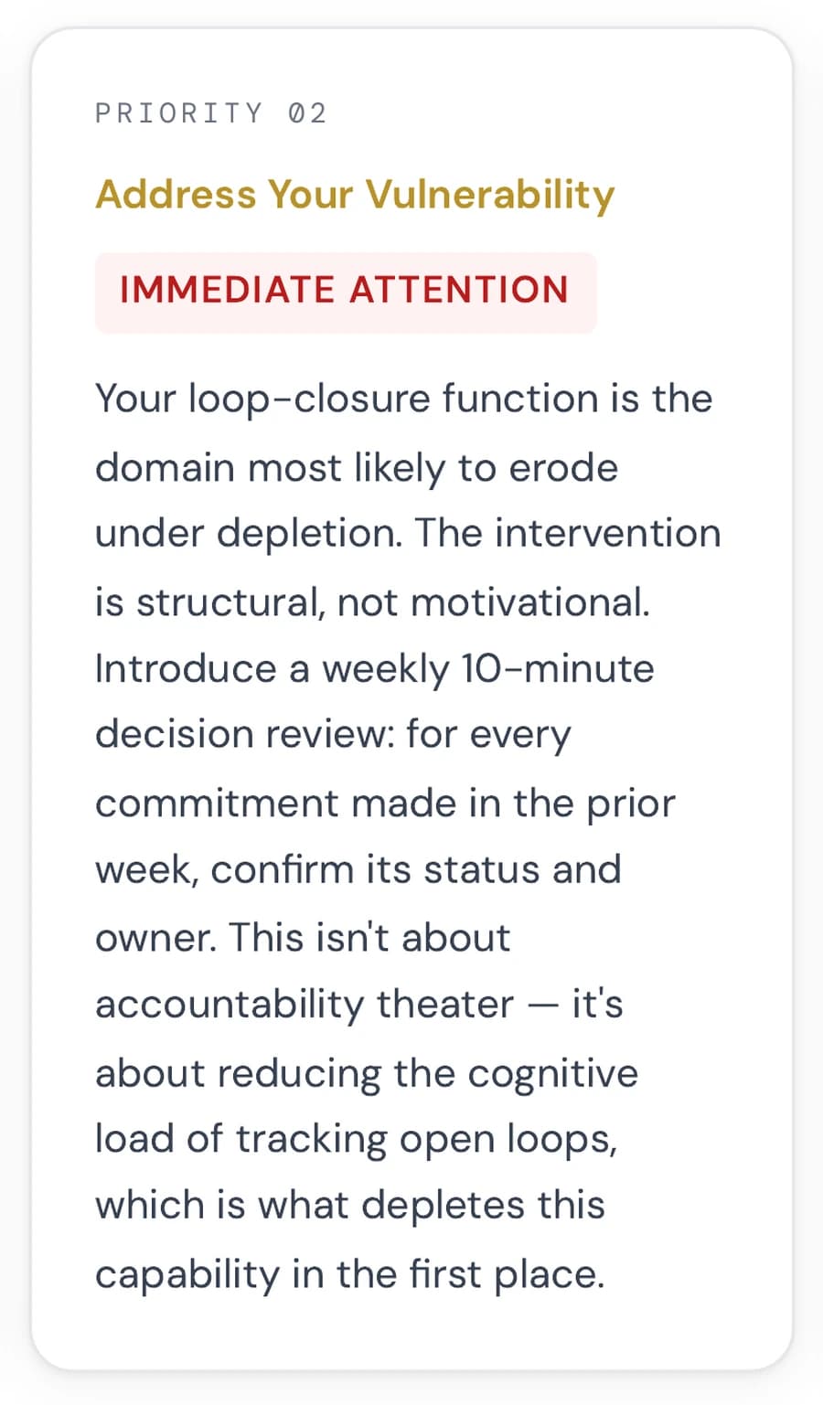 A real report page showing development priority 02, Address Your Vulnerability, flagged IMMEDIATE ATTENTION, with a written intervention specific to the answers given.