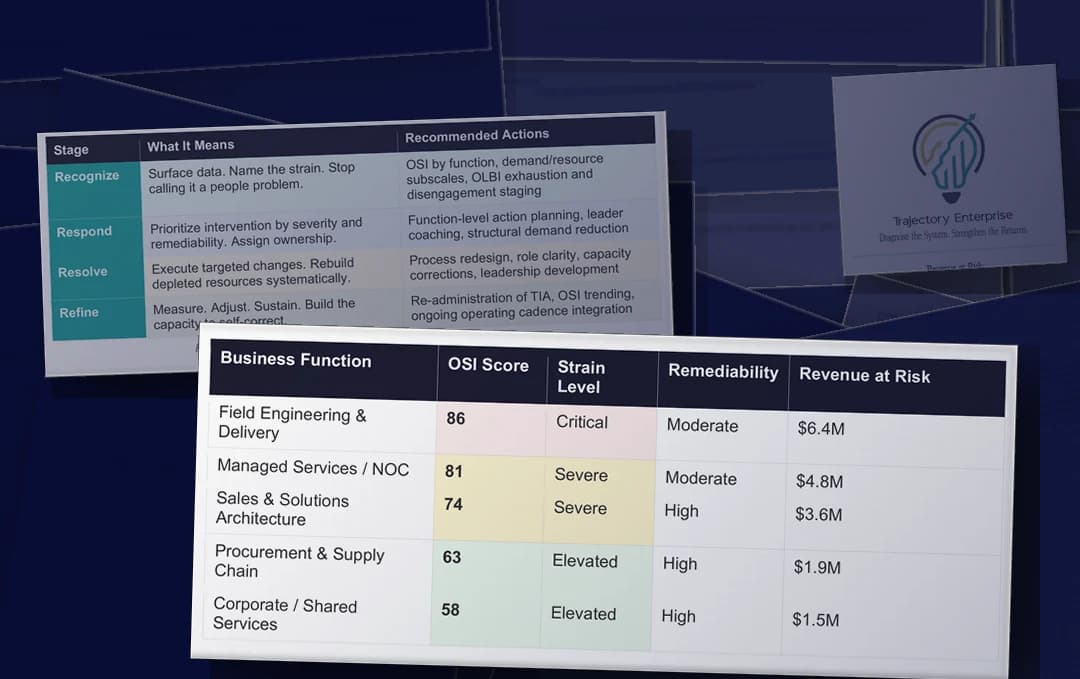 Pages from Revenue at Risk: organizational strain scored by business function with revenue at risk in dollars, the 4R framework matrix, the brief's reference list, and its cover.