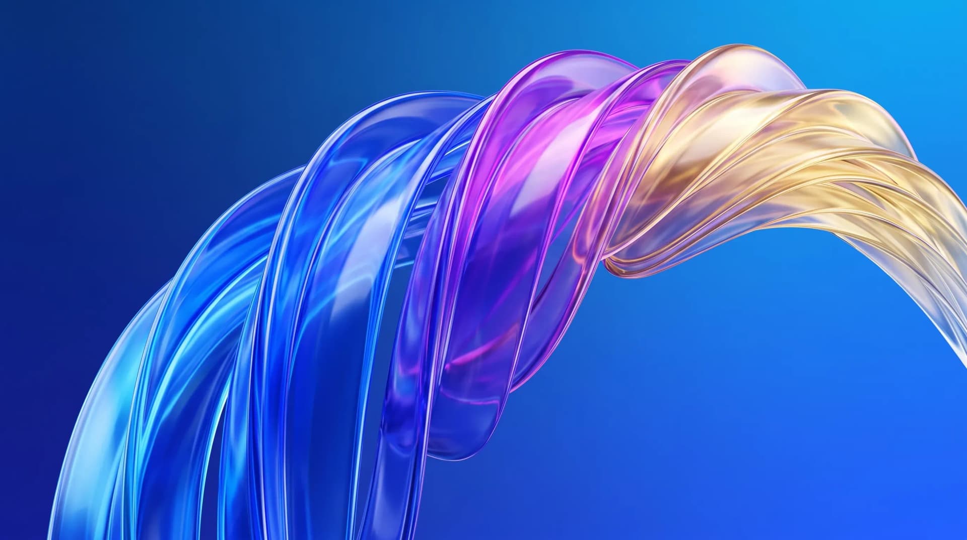 A rising arc of connected glossy liquid-glass ribbon segments shifting from electric blue through violet to warm gold, each segment tighter and more luminous than the last.