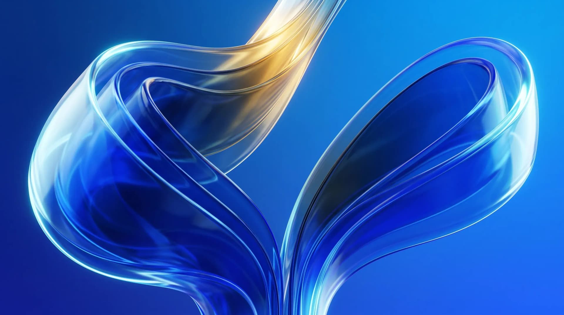 Two glossy translucent blue liquid-glass ribbon forms curving apart from a shared base, a warm gold light tracing the narrowing gap between them.